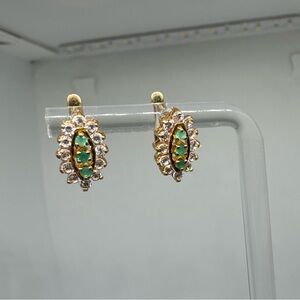 18k Yellow Gold Earrings w/ Green And White CZ Halo Accent Hinged Huggies